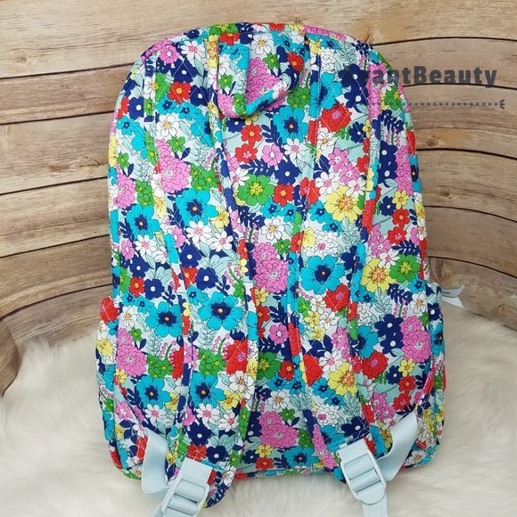 Vera Bradley Far Out Floral Essential Backpack Bookbag Blue Red New Cotton Quilt